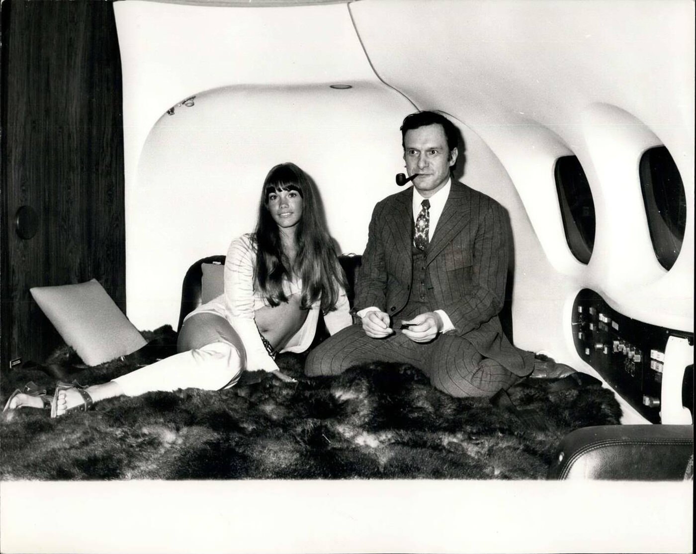 Hugh Hefner Arrives At London Airport In The Big Bunny, With Barbara Benton And Six Bunny Girl Hostesses, 1970.