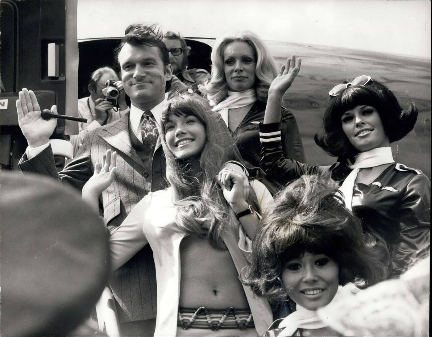 Hugh Hefner Arrives At London Airport In The Big Bunny With Barbara Benton, 1970.