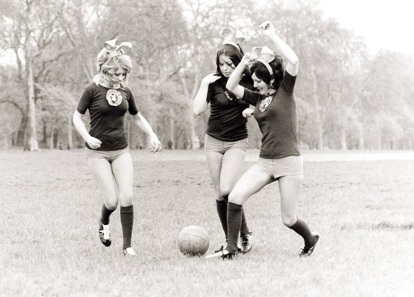 Bunnygirls Training In London'S Hyde Park Wearing Bunny Ears And Hot Pants Kicking A Football, 1972.