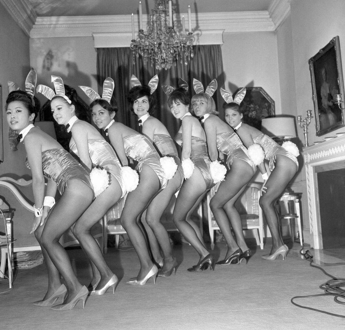 Seven Winners Of The Bunny Award Pose For Pictures In London Following A Visit To Paris; From Left: Elizabeth Yee, Penny Payton, Katherine Fitzpatrick, Martha Louise Hellwig, Doris Karloss, Iris Niedra, And Joyce Chadwick, 1964.