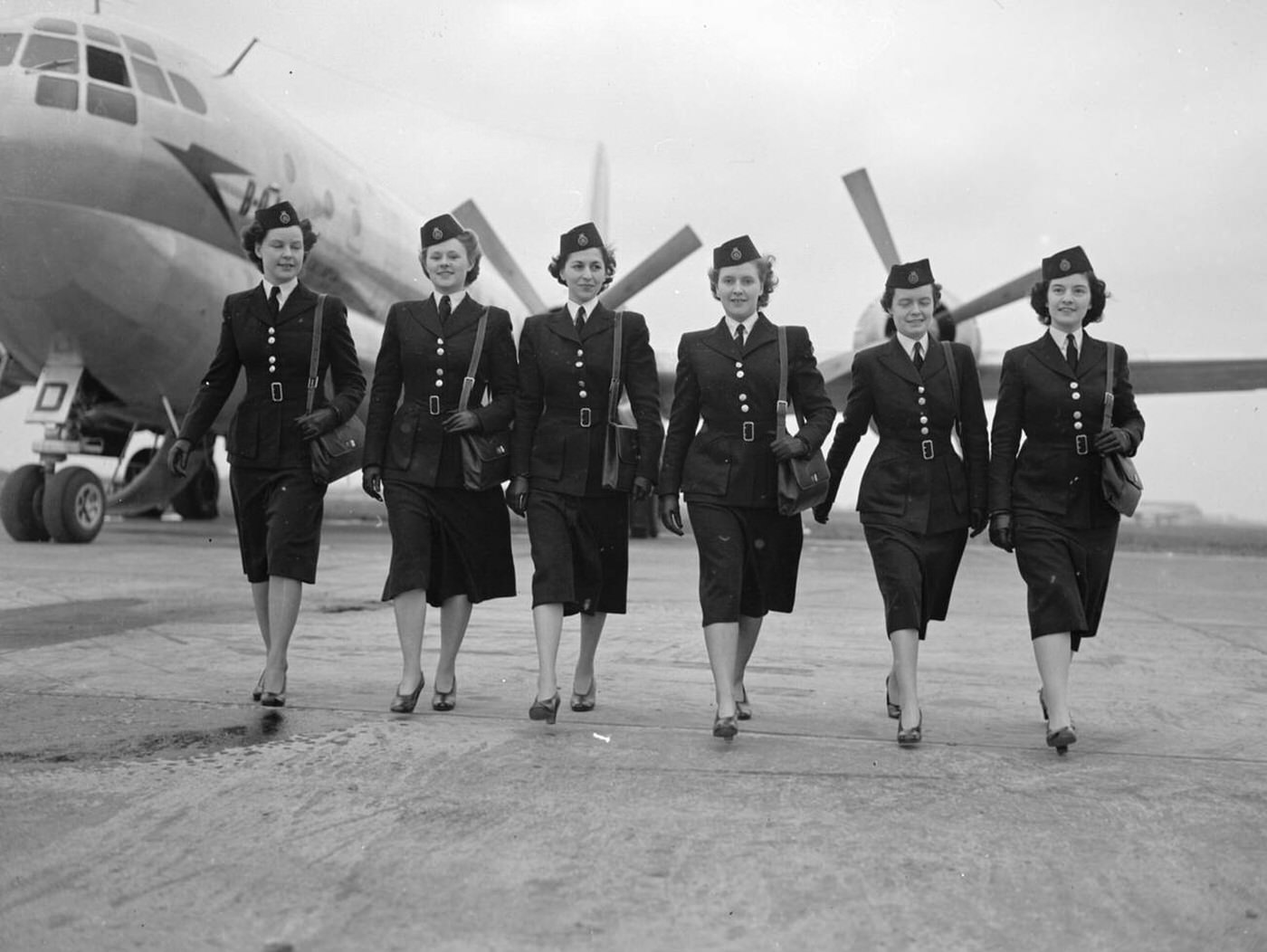 Six New Air Stewardesses To Serve On B.o.a.c. Long Distance Craft At London Airport: Sheila Newman, Joy Elliott, Paula Francis, Margaret Edwards, Susan Chandler, And Diana Palmer, 1950.