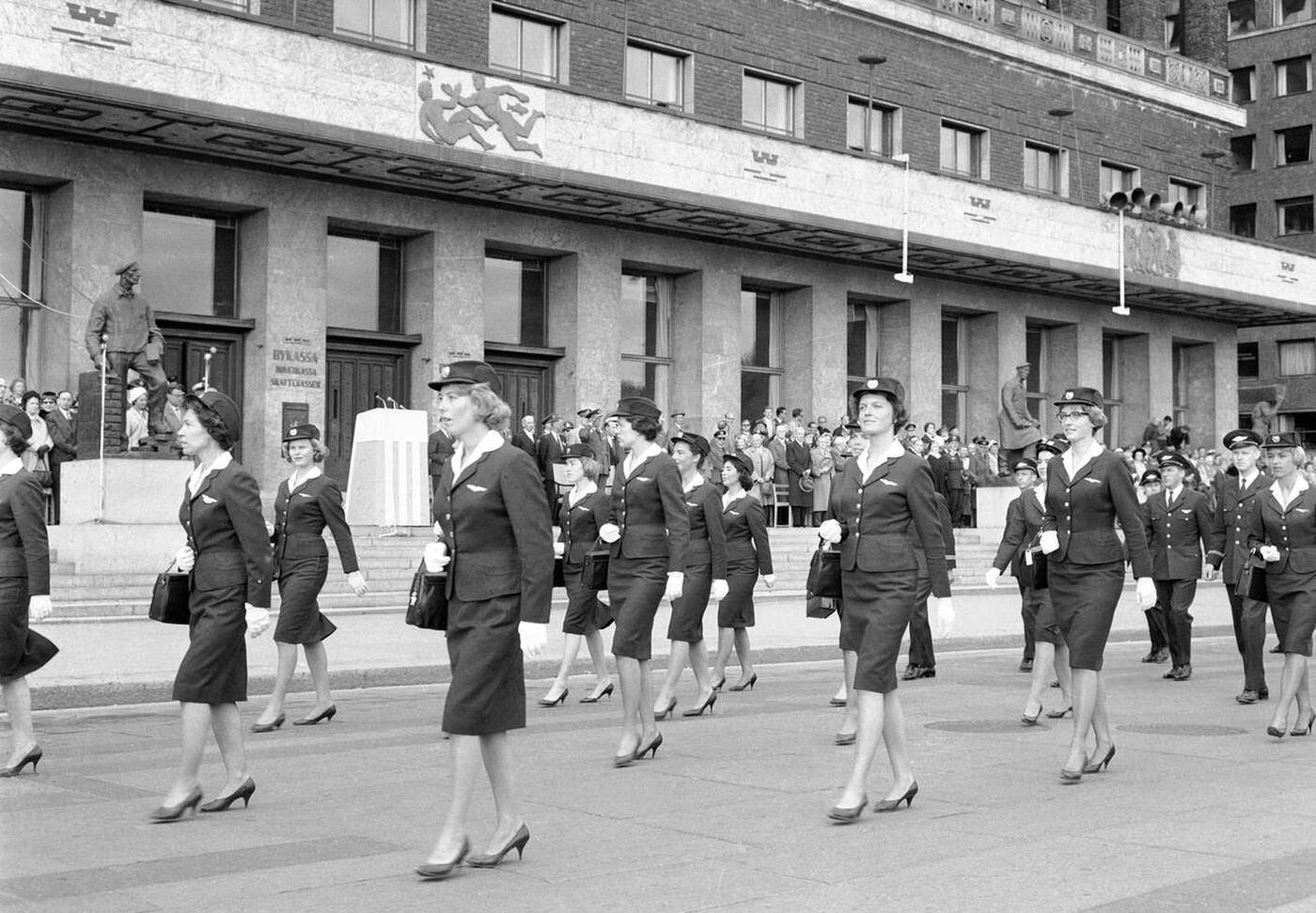 Parade Of Flight Crew At City Hall Square, Norwegian Flight 50Th Anniversary, Flight Attendants From Sas Parades, 1962.