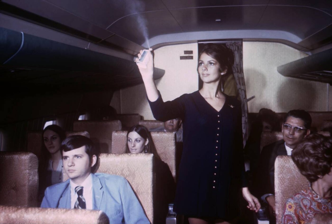 Stewardess Spraying Inside An Aircraft With An Aerosol Pesticide Spray, 1971.