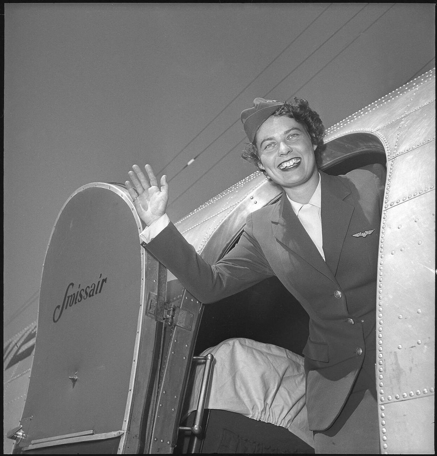 Swissair Stewardess Heidi Jaeger At The Aircraft Door, 1940S.
