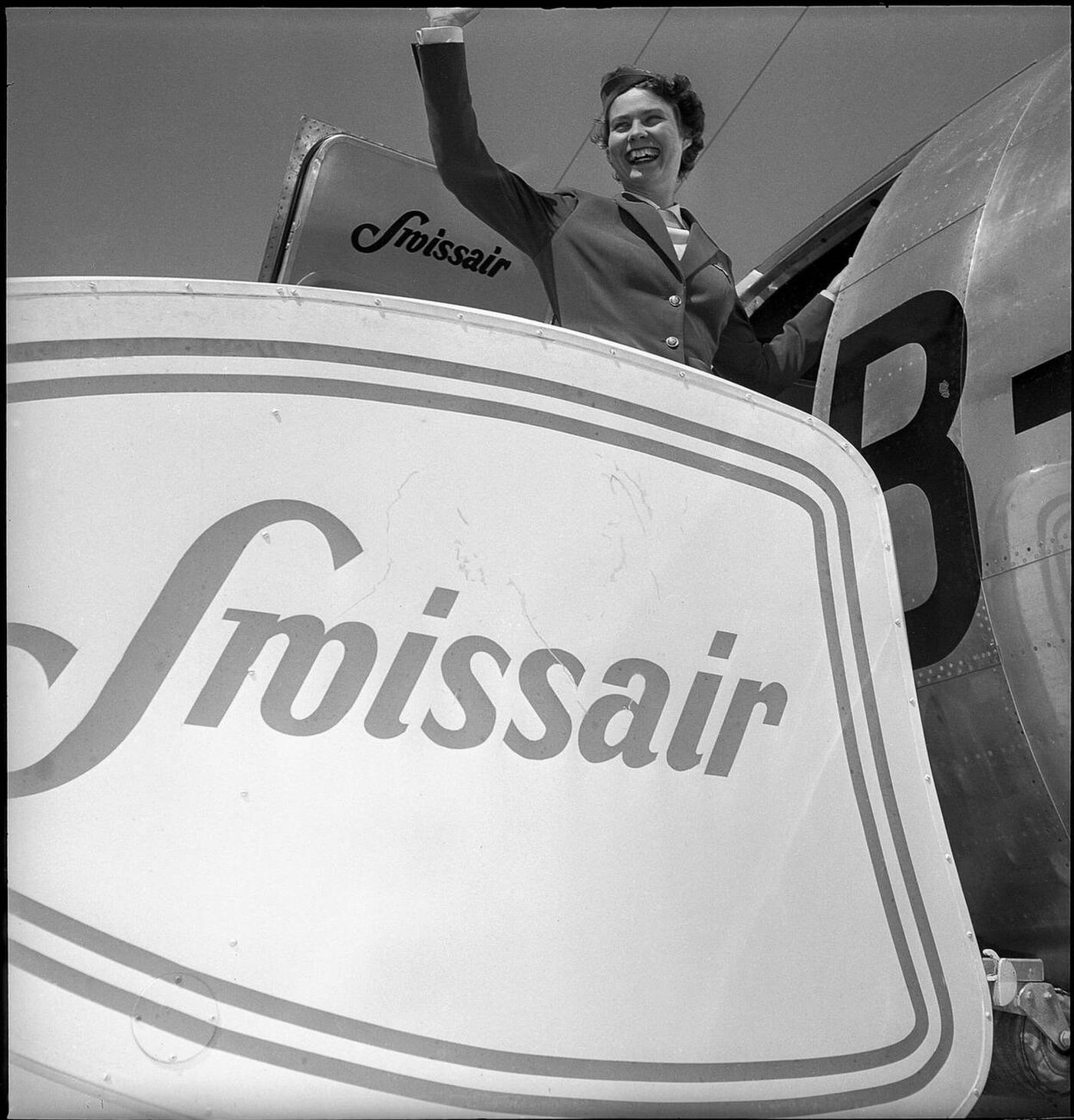 Swissair Stewardess Heidi Jaeger At The Aircraft Door, 1940S.