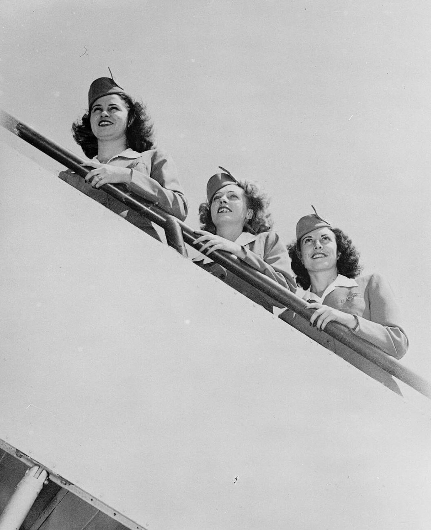 Pan American Air Stewardess Ellen Murdoch , Mary Lynch And Ena Mitchell Board A Clipper At La Gurdia Field , 1949.