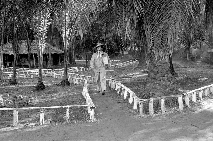 Off To Work Goes Hepburn, Leaving The Private Bungalow Which She Decorated Charmingly With Native Spears And Flowers.