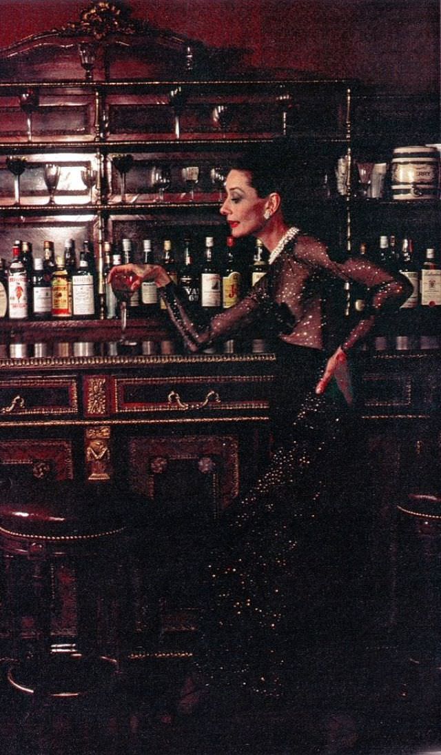 Audrey Hepburn Wearing A Givenchy Evening Gown Of Black Velvet Trimmed In Lace, Bloodline, 1979