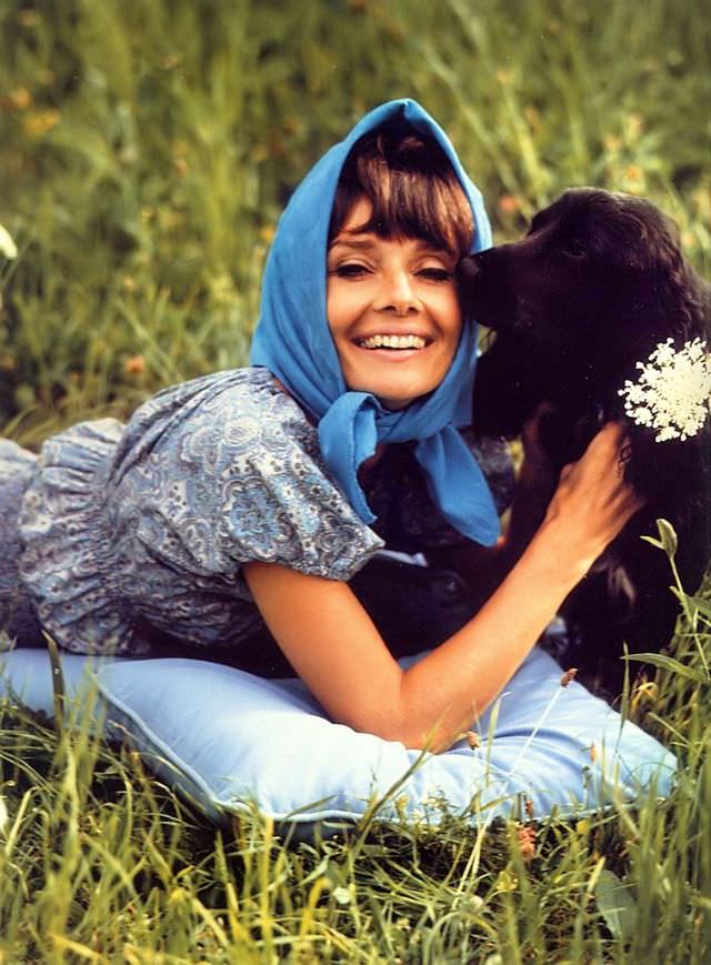 Audrey Hepburn Wearing Givenchy Boutique With Her Son'S Spaniel Cokey At Her Home La Paisible In Switzerland, 1971
