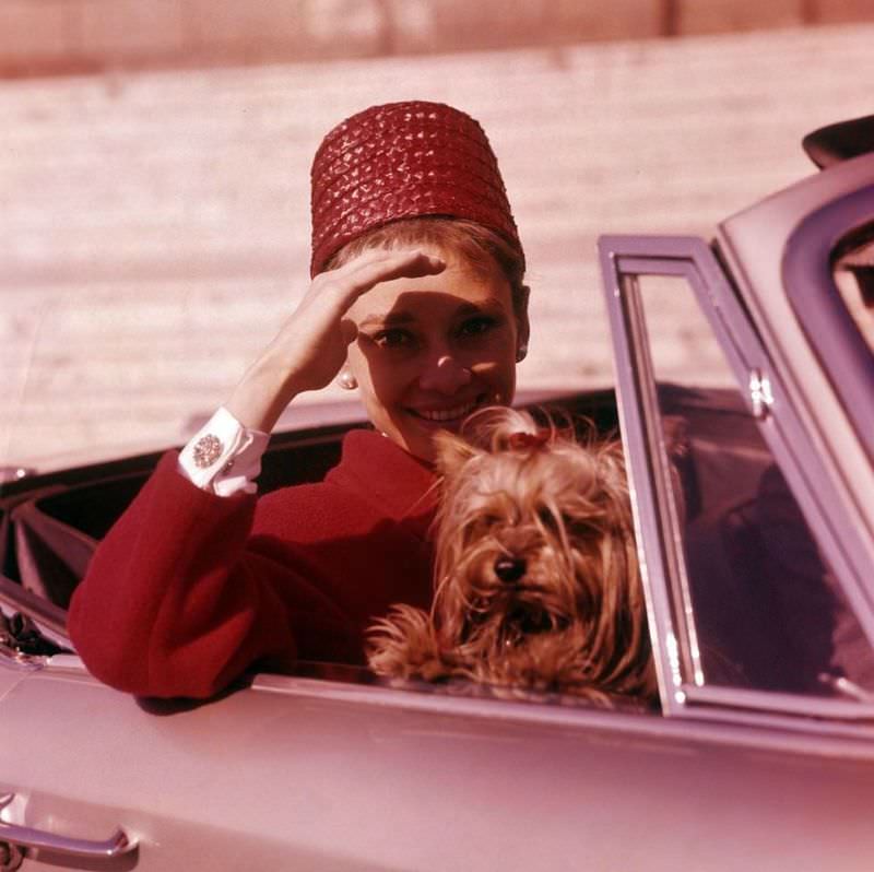 Audrey Hepburn With Mr. Famous In Her Car For A Fashion Editorial In Rome, 1961