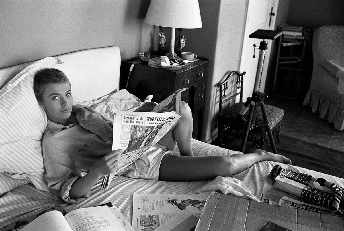 Jean Seberg Reads The Paper In Bed During Filming Of &Amp;Quot;Bonjour Tristesse&Amp;Quot; In France, 1957.