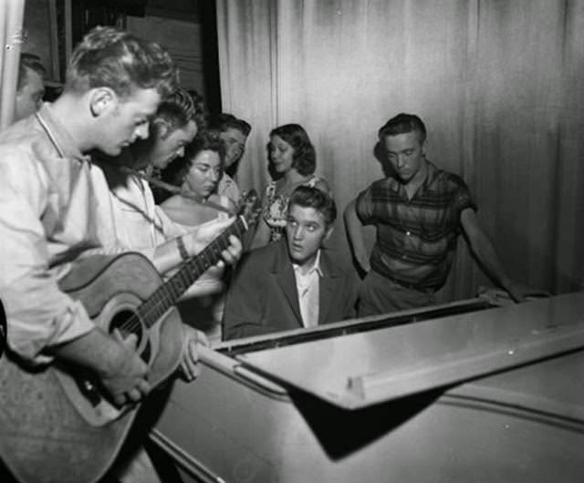 Elvis Presley Back Stage At The Piano, Jacksonville, August, 1956. Note Red West At Left.