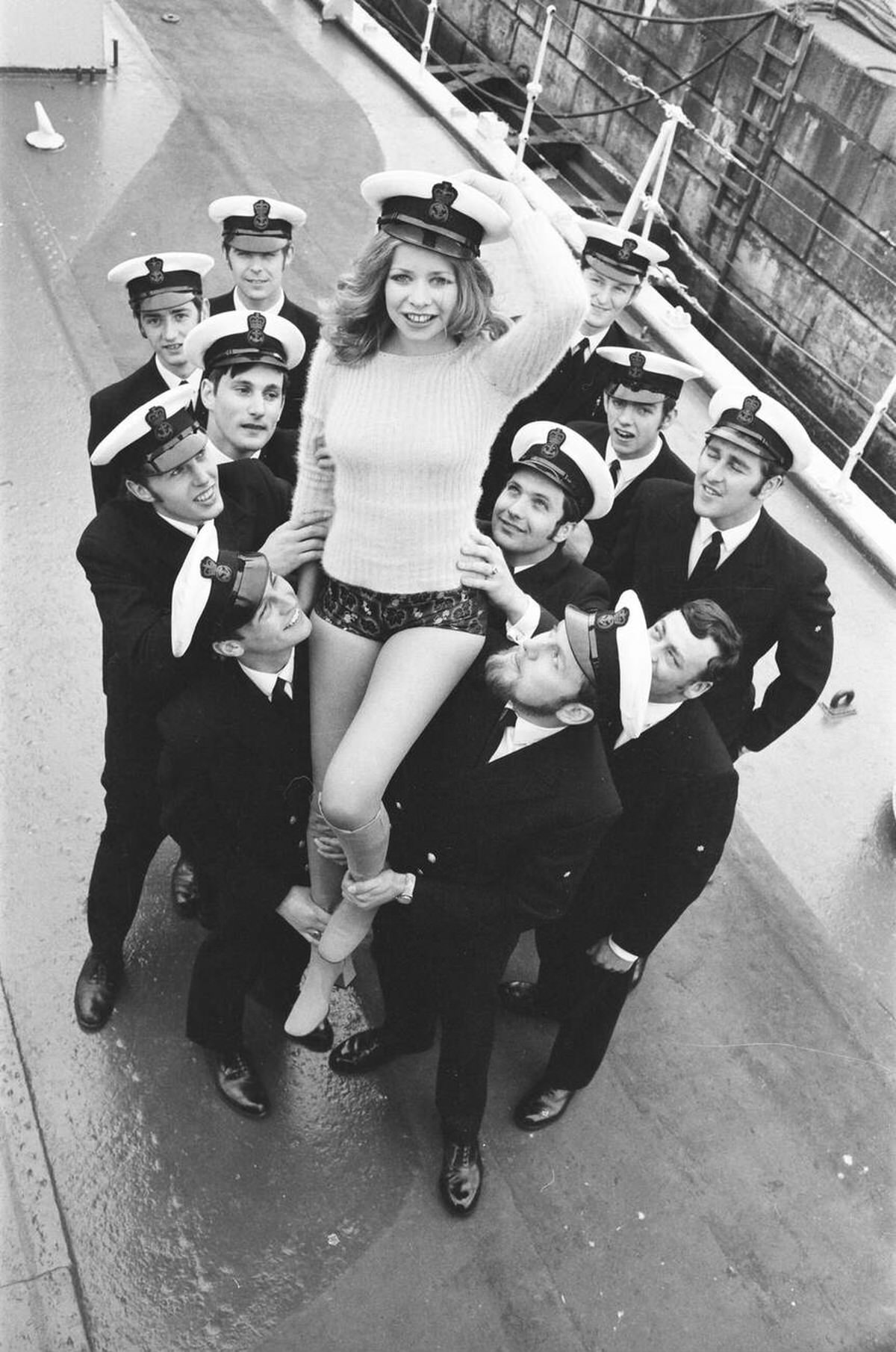Josephine Howard Wearing Hotpant With Apprentice Engineers From Hms Caledonia In Rosyth, 1971