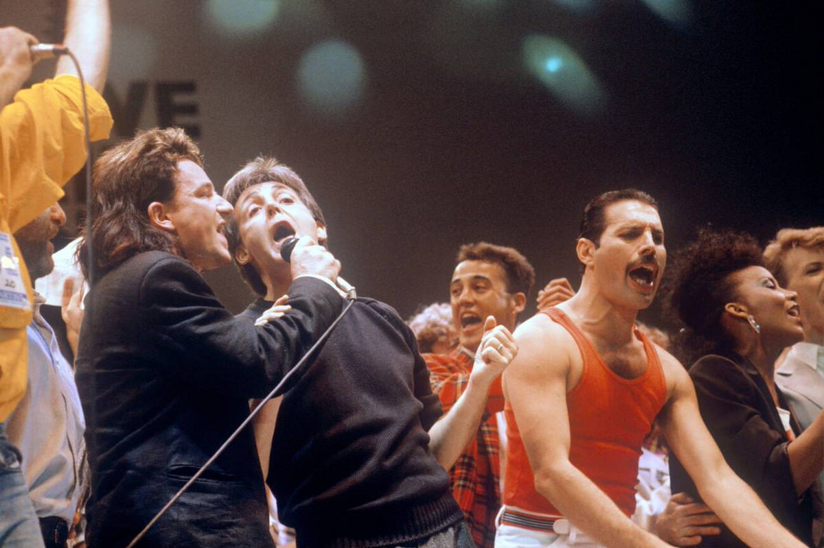 Bono, Paul Mccartney, Andrew Ridgeley, And Freddie Mercury During The Live Aid Concert, 1985