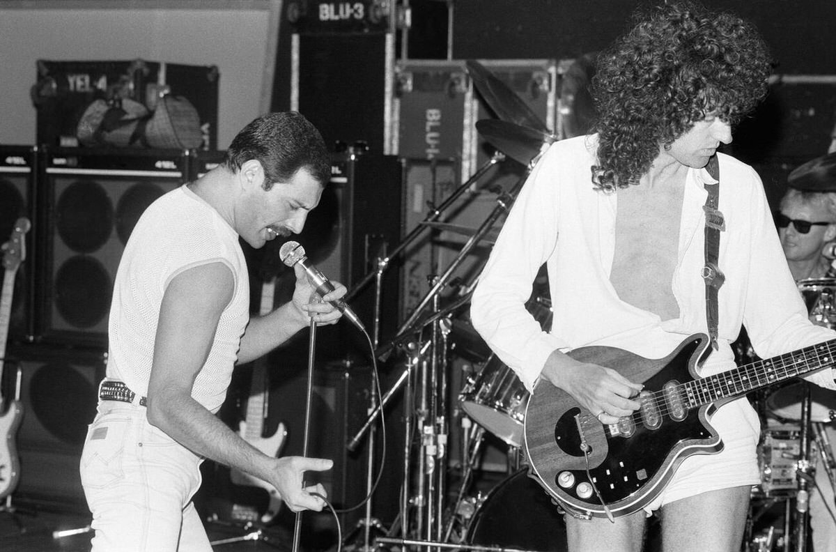 Freddie Mercury And Brian May Of Queen Rehearsing For Live Aid At The Shaw Theatre, 1985