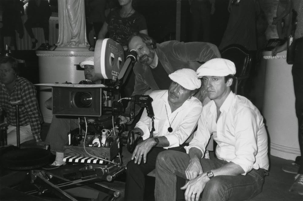Brian De Palma, John A. Alonzo, And Al Pacino Checking A Shot, Scarface, 1983