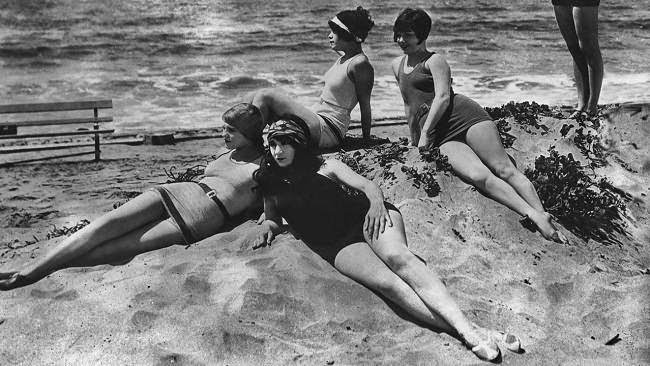 Five Women At The Beach Posing In Swimming Costumes In England, 1925