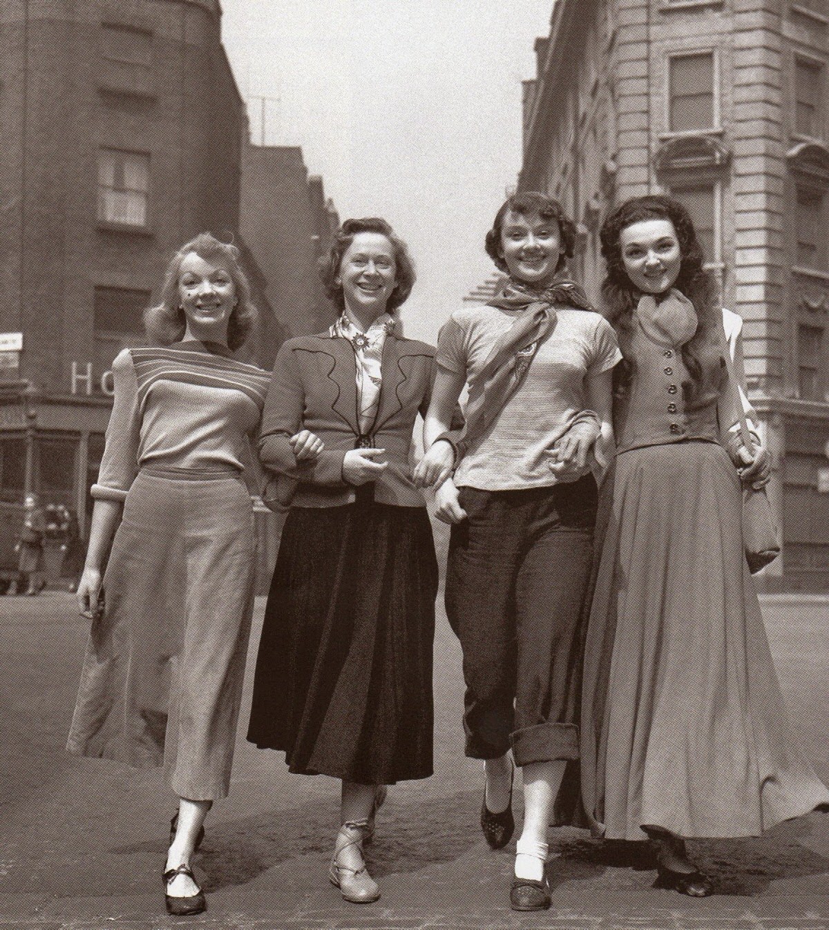 The Girl Members Of The Cast Arrive At The Cambridge Theatre Rehearsal Of Sauce Tartare, 1949. Left To Right: Aud Johannsen, Nina Tarakanova, Audrey Hepburn And Marlana.