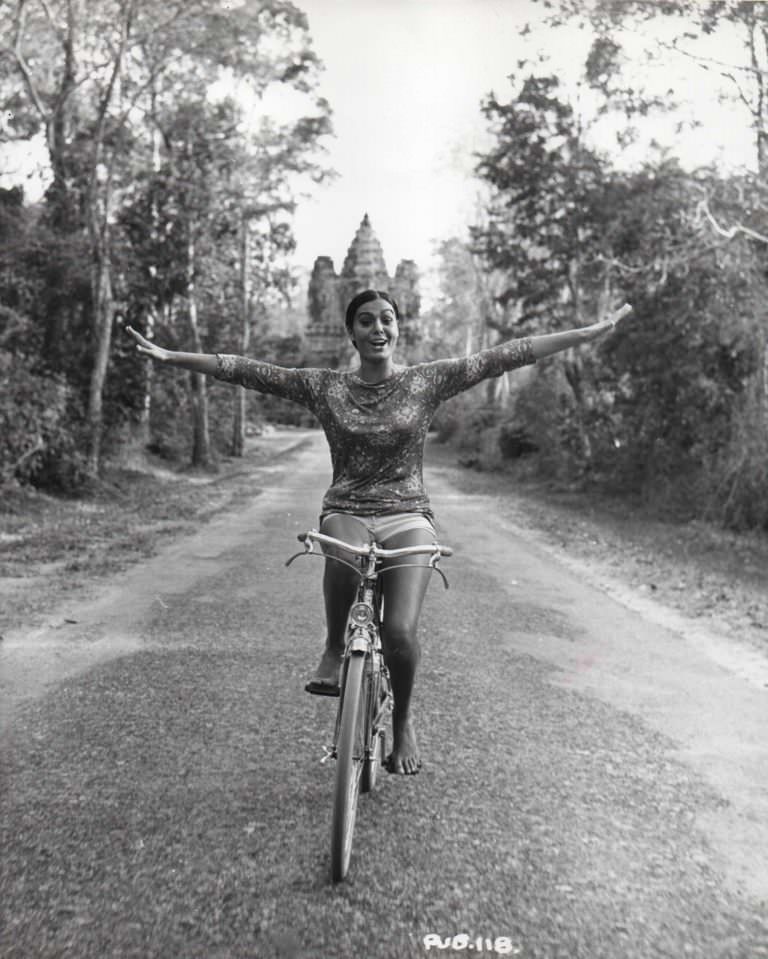 Daliah Lavi Riding A Bicycle In Angkor Wat, Cambodia, Lord Jim, 1965.