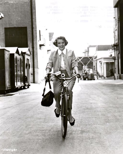 Rosemary Clooney Riding A Bicycle On The Paramount Lot, White Christmas, 1954.