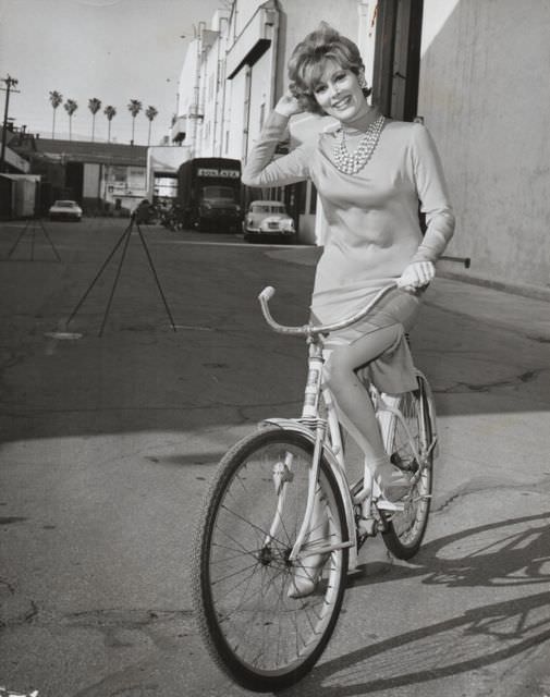 Jill St. John Riding A Monark Silver King Bicycle On The Paramount Backlot, 1963.