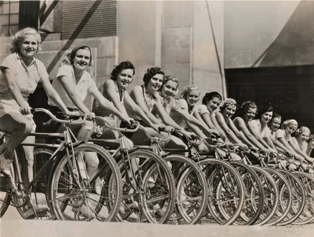 Mgm Chorus Girls Riding Bicycles During A Rehearsal.